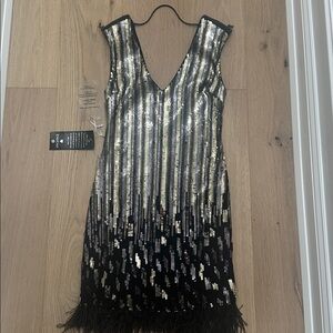 Sequin V-Neck Dress with Feather Hem. NWT